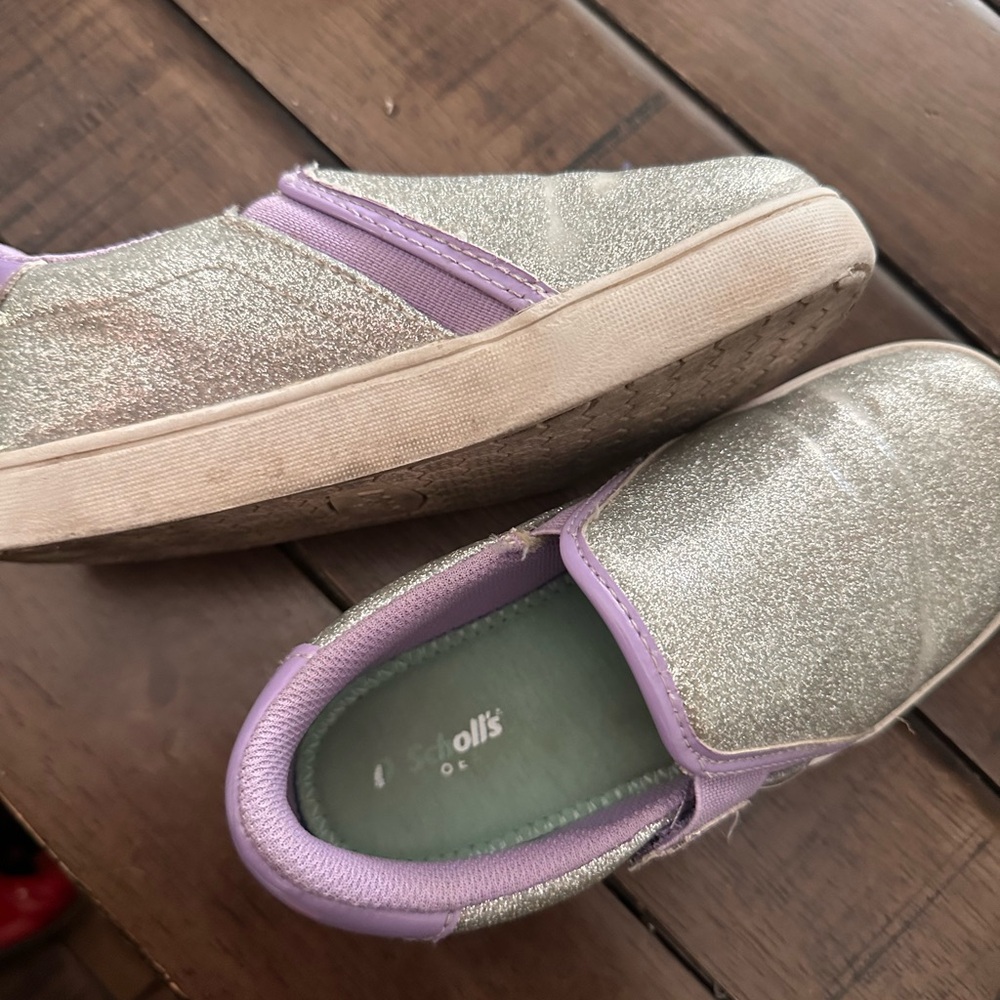 Dr Scholl's Girls Silver Glitter Slip-On Shoes with Purple Trim - 11
